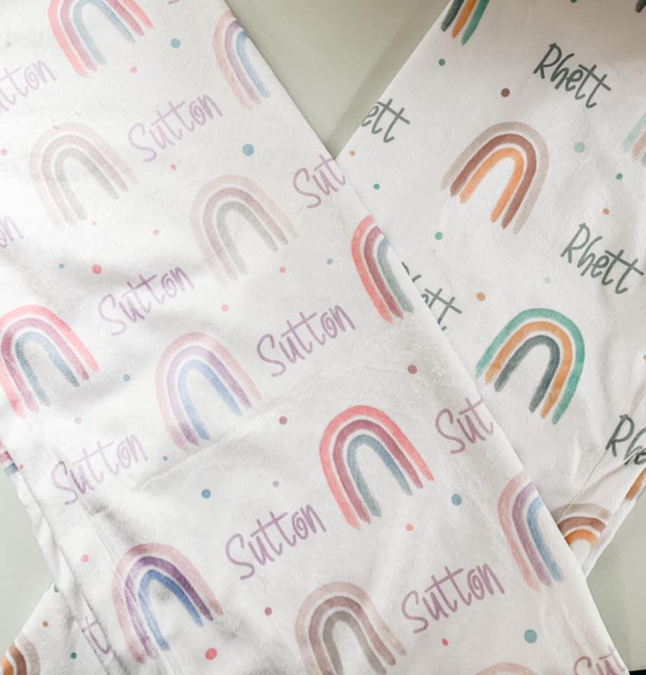Neutral Rainbow Print (Berry) Personalized Minky Blanket - Bug & Bean Decor
