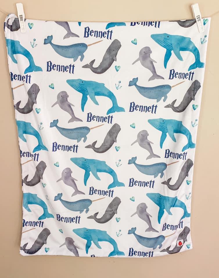 Whale Print Personalized Minky Blanket - Bug & Bean Decor