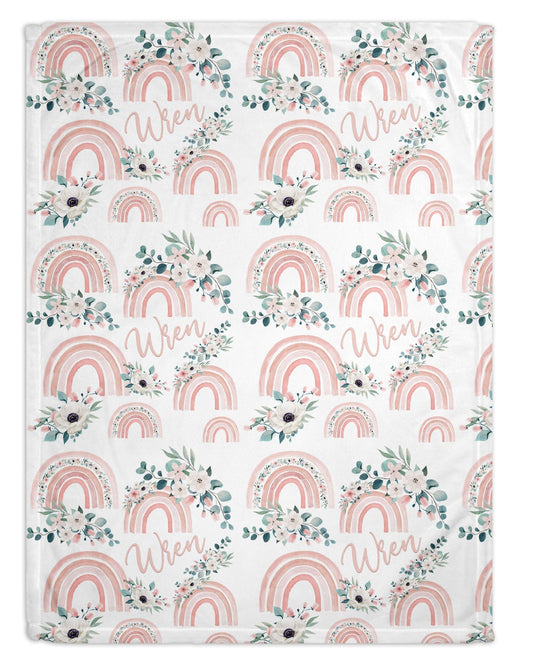 Pink Floral Rainbow Personalized Minky Blanket (Sherpa)