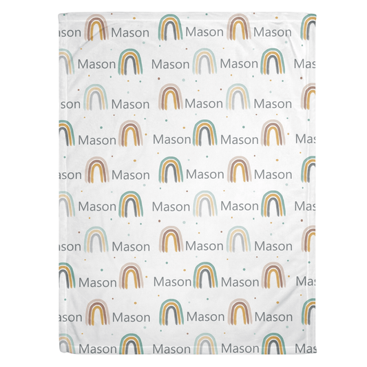 Neutral Rainbow Print (Mustard/Teal) Personalized Minky Blanket - Bug & Bean Decor