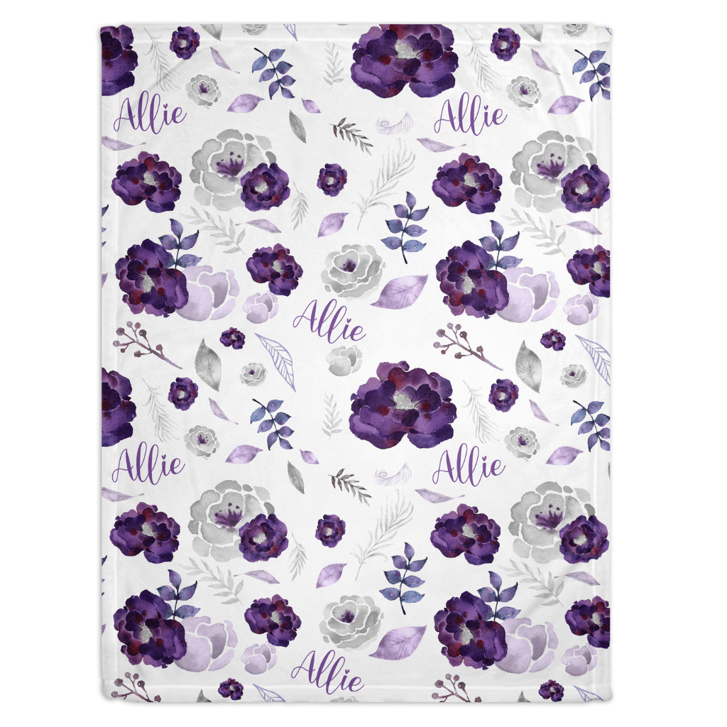 Purple Silver Floral Print Personalized Minky Blanket - Bug & Bean Decor