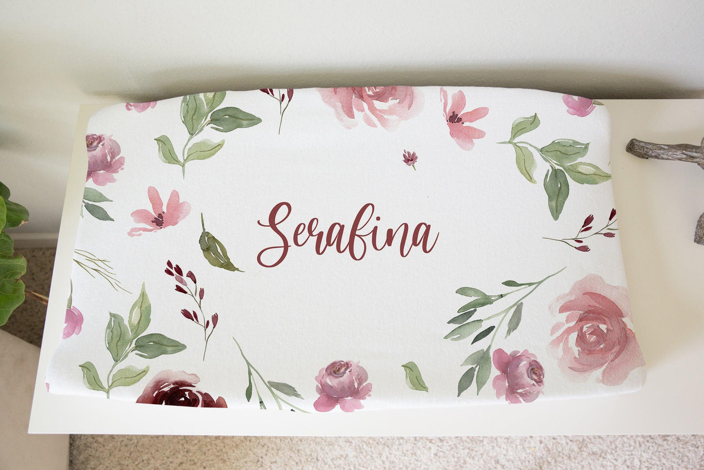 Burgundy Blush Floral Personalized Change Pad Cover - Bug & Bean Decor