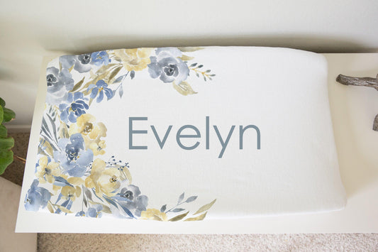 Blue Yellow Floral Personalized Change Pad Cover - Bug & Bean Decor