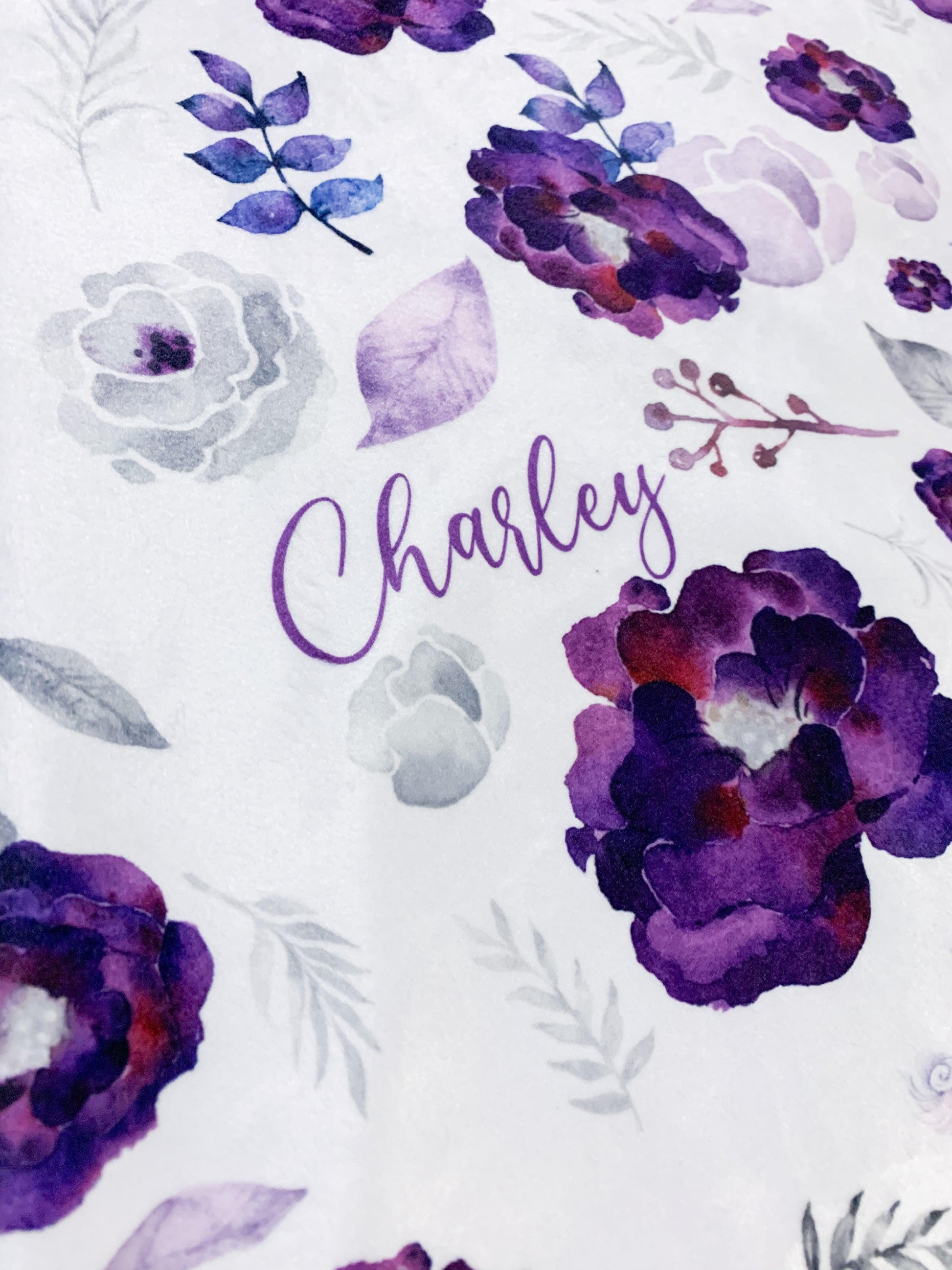 Purple Silver Floral Print Personalized Minky Blanket - Bug & Bean Decor