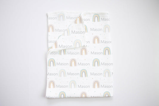 Mustard/ Teal Neutral Rainbow Personalized Swaddle - Bug & Bean Decor