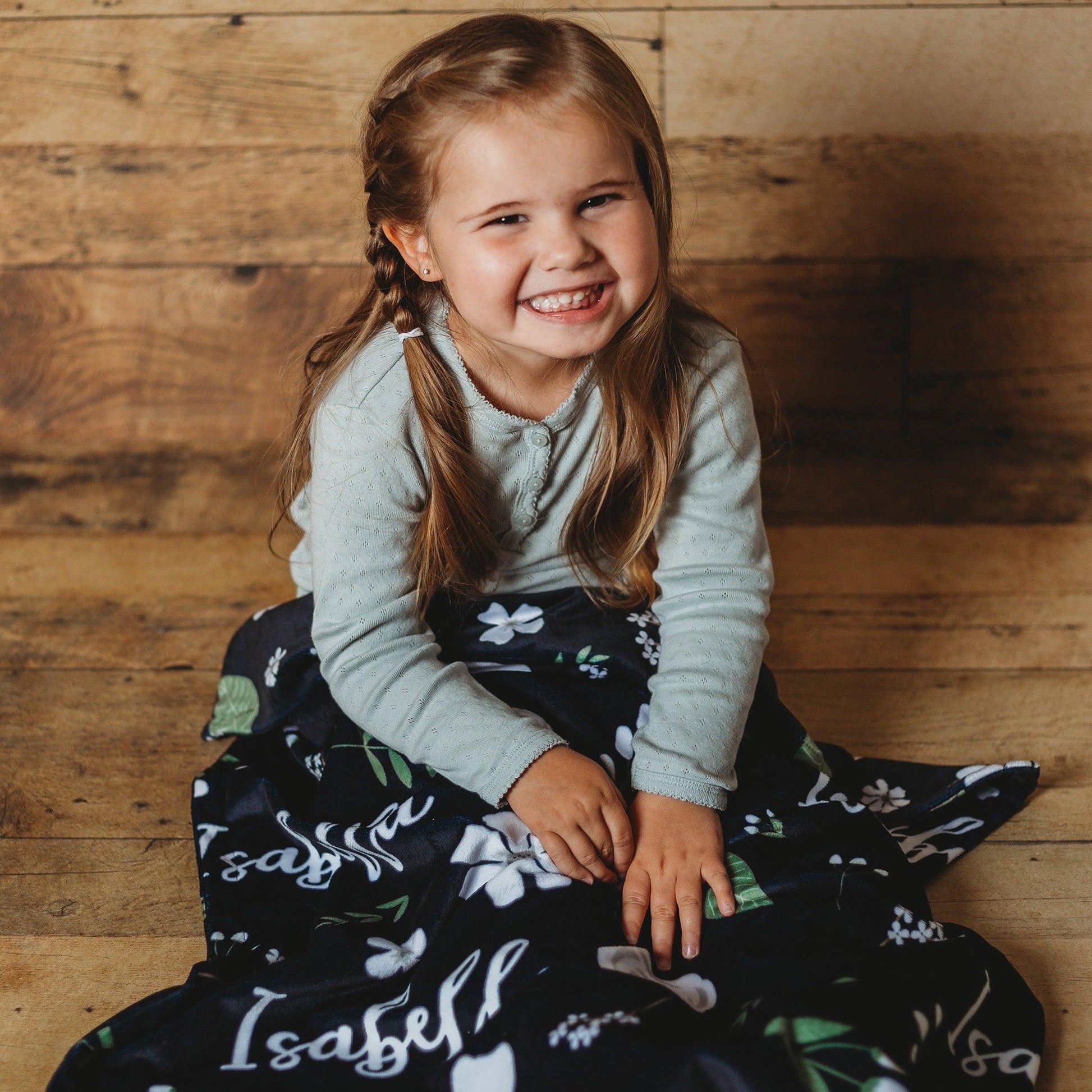 Navy Floral Print Personalized Minky Blanket - Bug & Bean Decor