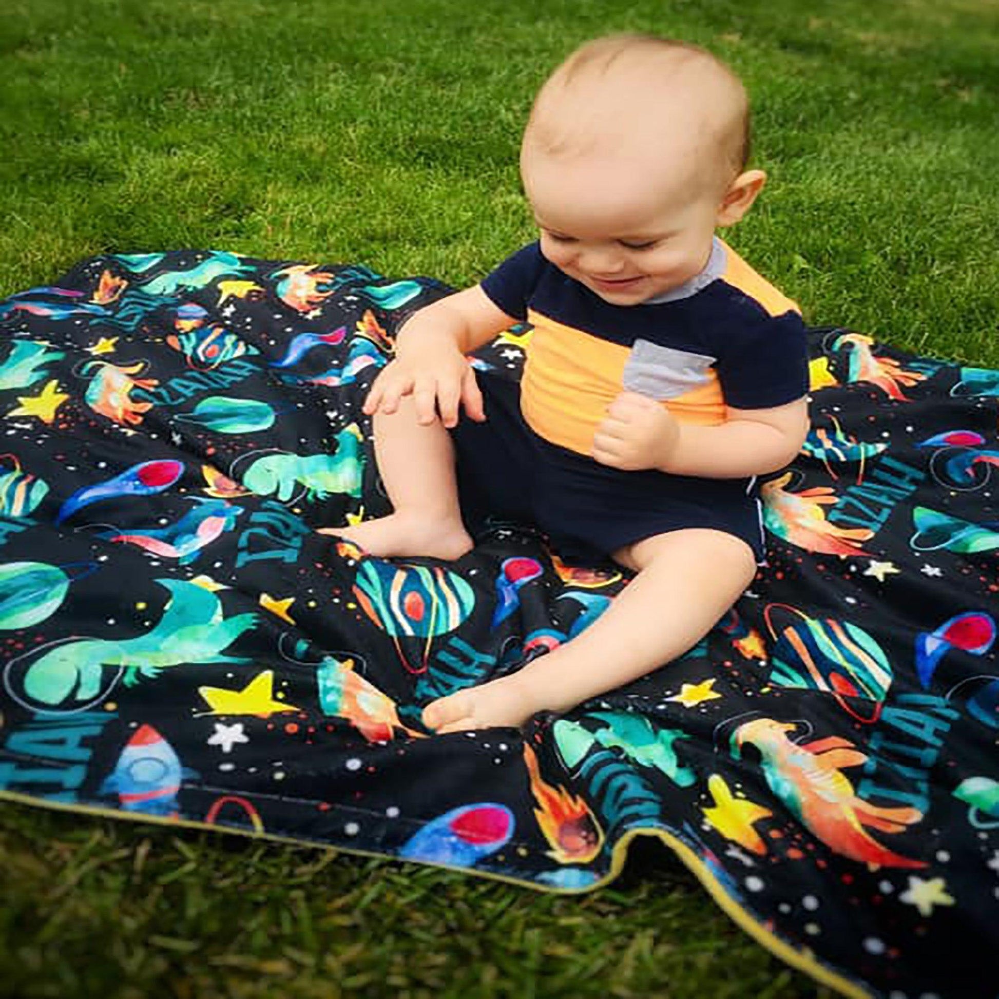 Space Dinosaur Print Personalized Minky Blanket - Bug & Bean Decor